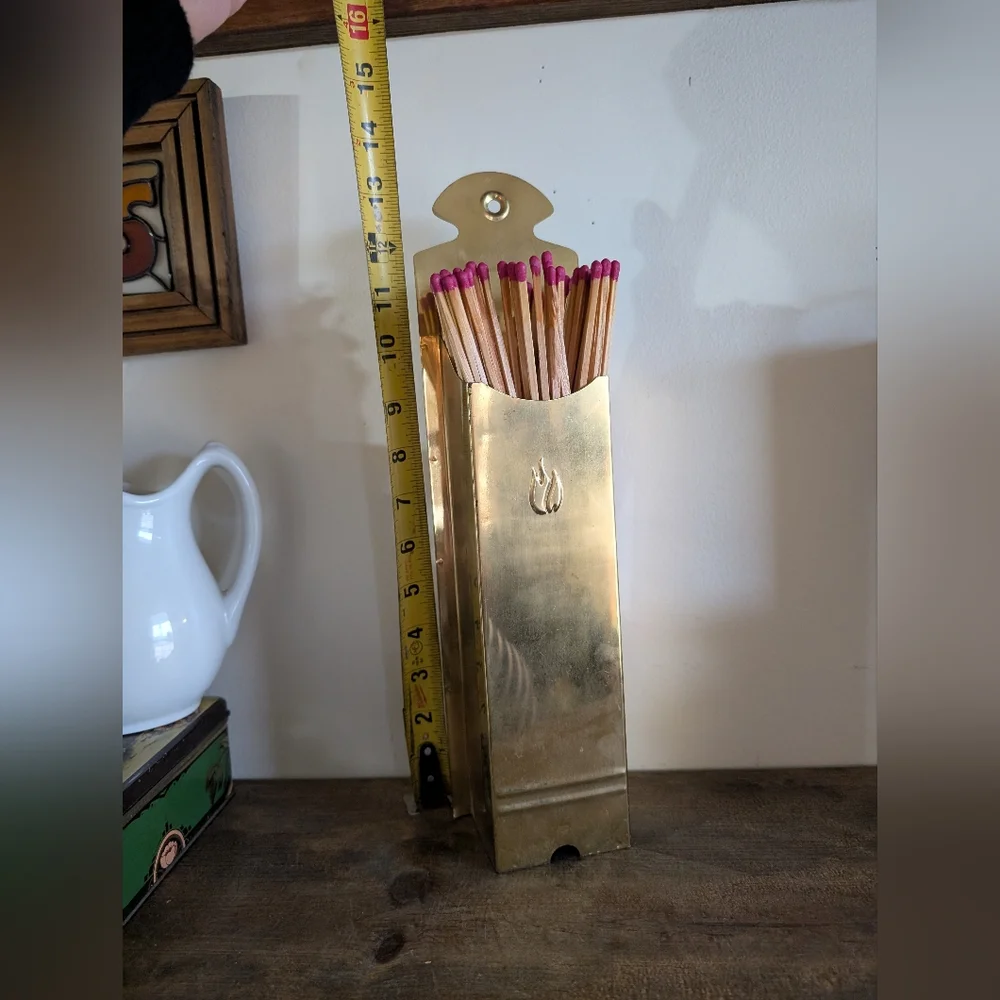 Vintage Large All Brass Gold Matchstick Holder Wall Hang By Fireplace Matches - Picture 7 of 7